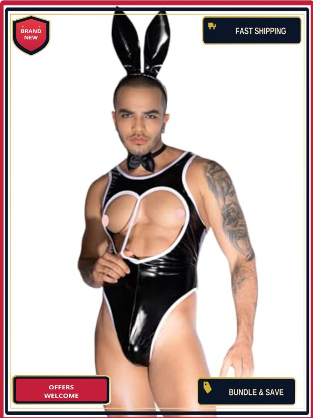 Mens Rabbit Man Cosplay Costume Body Suit with Headdress and Collar